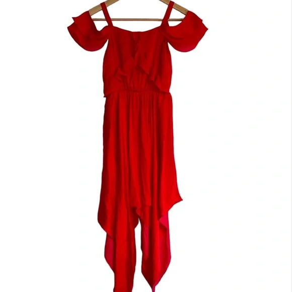 BARDOT JUNIOR | Red flounce high low off the shoulder dress - Picture 1 of 10
